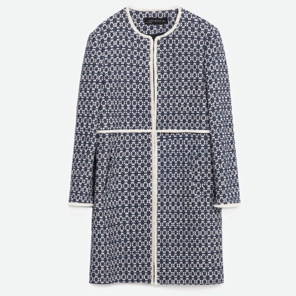 Zara Women’s Navy Blue and White Tweed Jacket size Medium